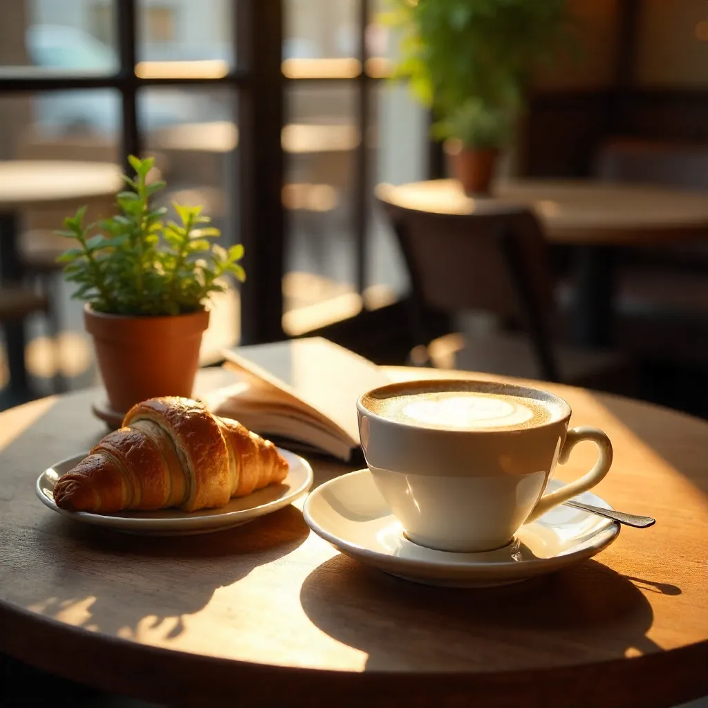 Cozy Café Table with Cappuccino, Croissant, and Book