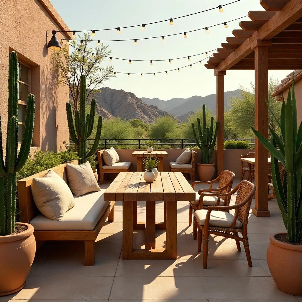 Desert Oasis Patio: Wooden Seating & Cacti