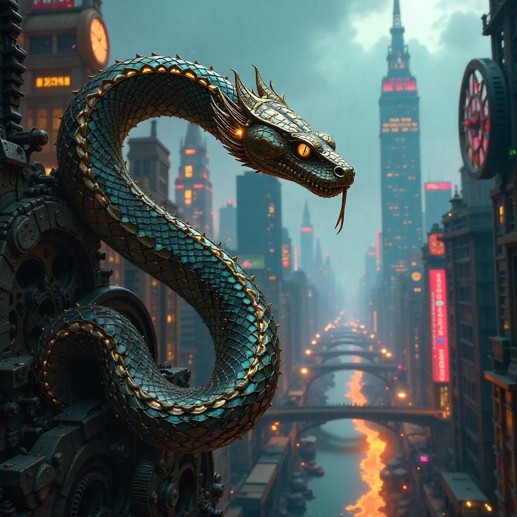 Snake Amid Clockwork Cityscape