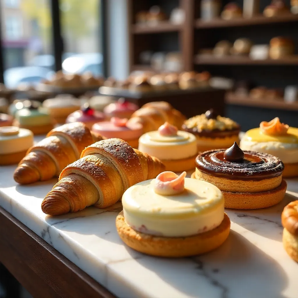 Golden Display of French Pastries in a Charming Bakery