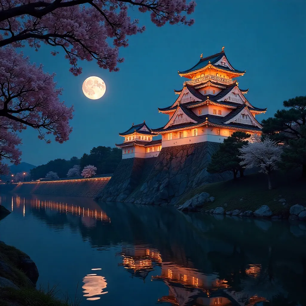 Evening Moon Over Osaka Castle