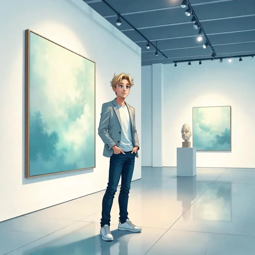 Anime-Style Young White Man in a Modern Art Gallery