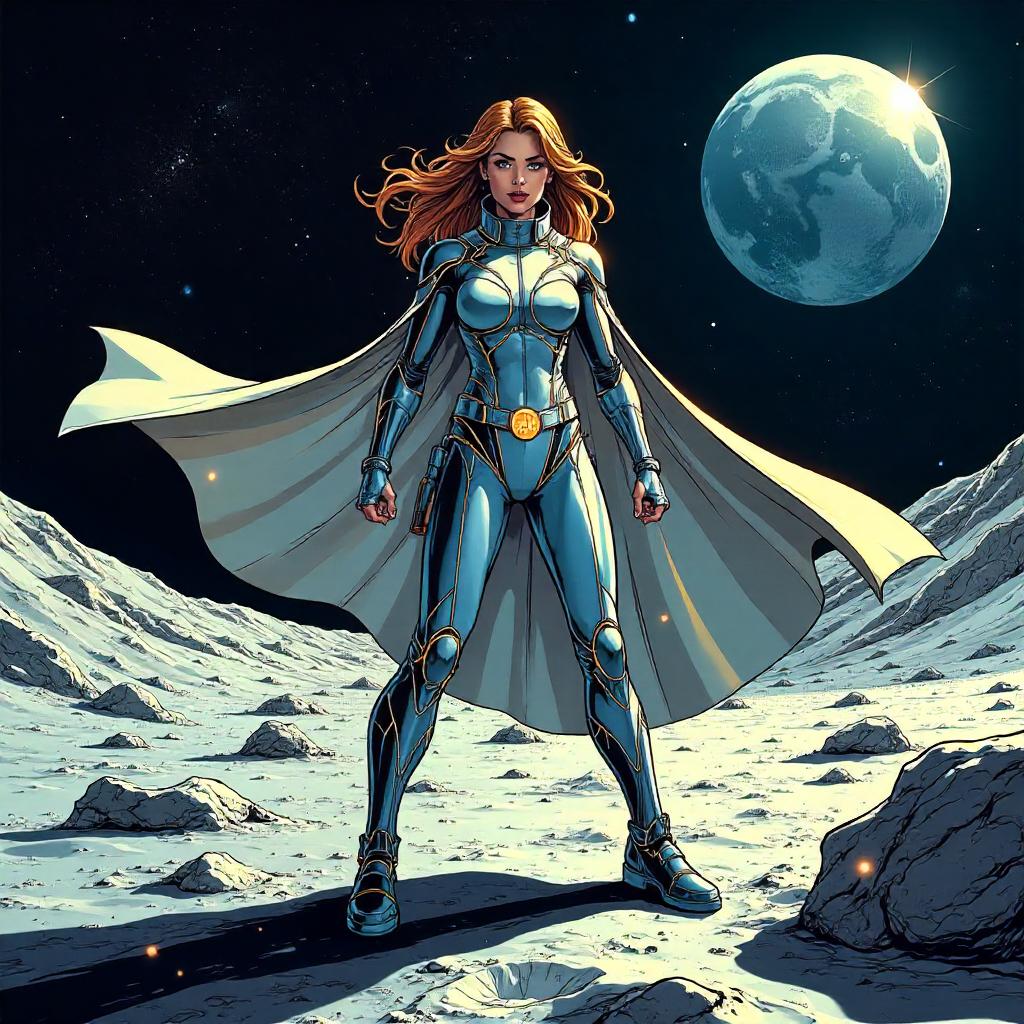 Moonlit Comic Heroine on the Lunar Surface