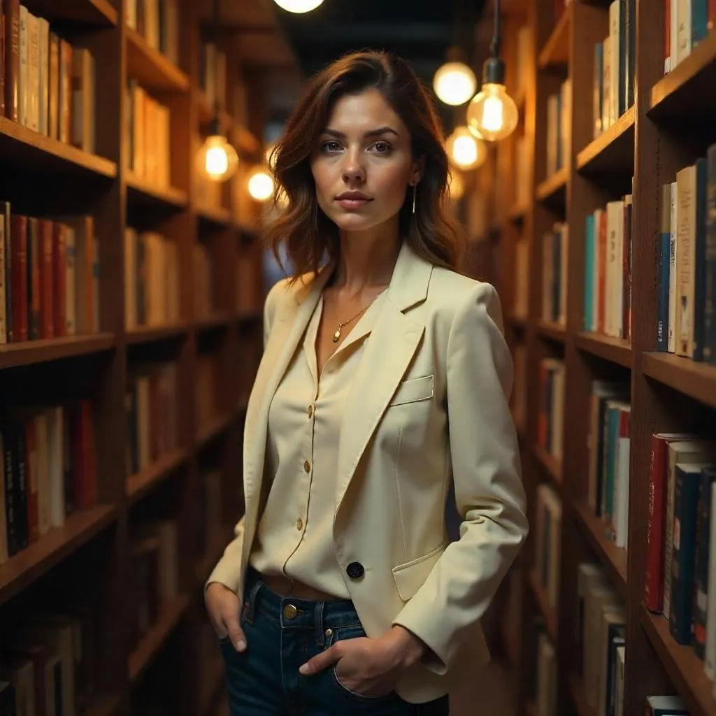 Confident Woman in a Cozy Bookstore