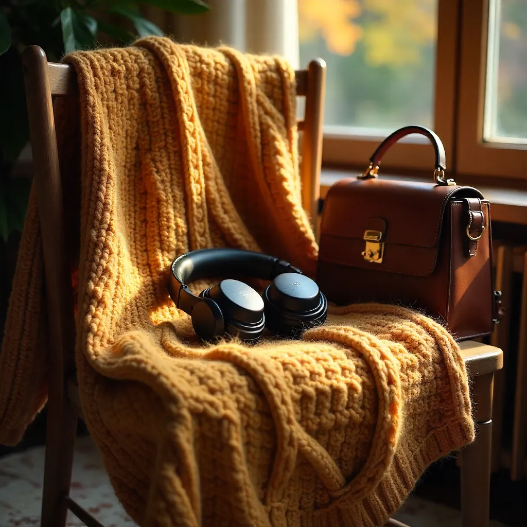Cozy Knitwear with Headphones and Leather Bag