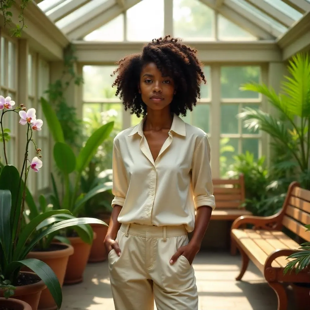 Photorealistic Young Black Woman in a Lush Conservatory