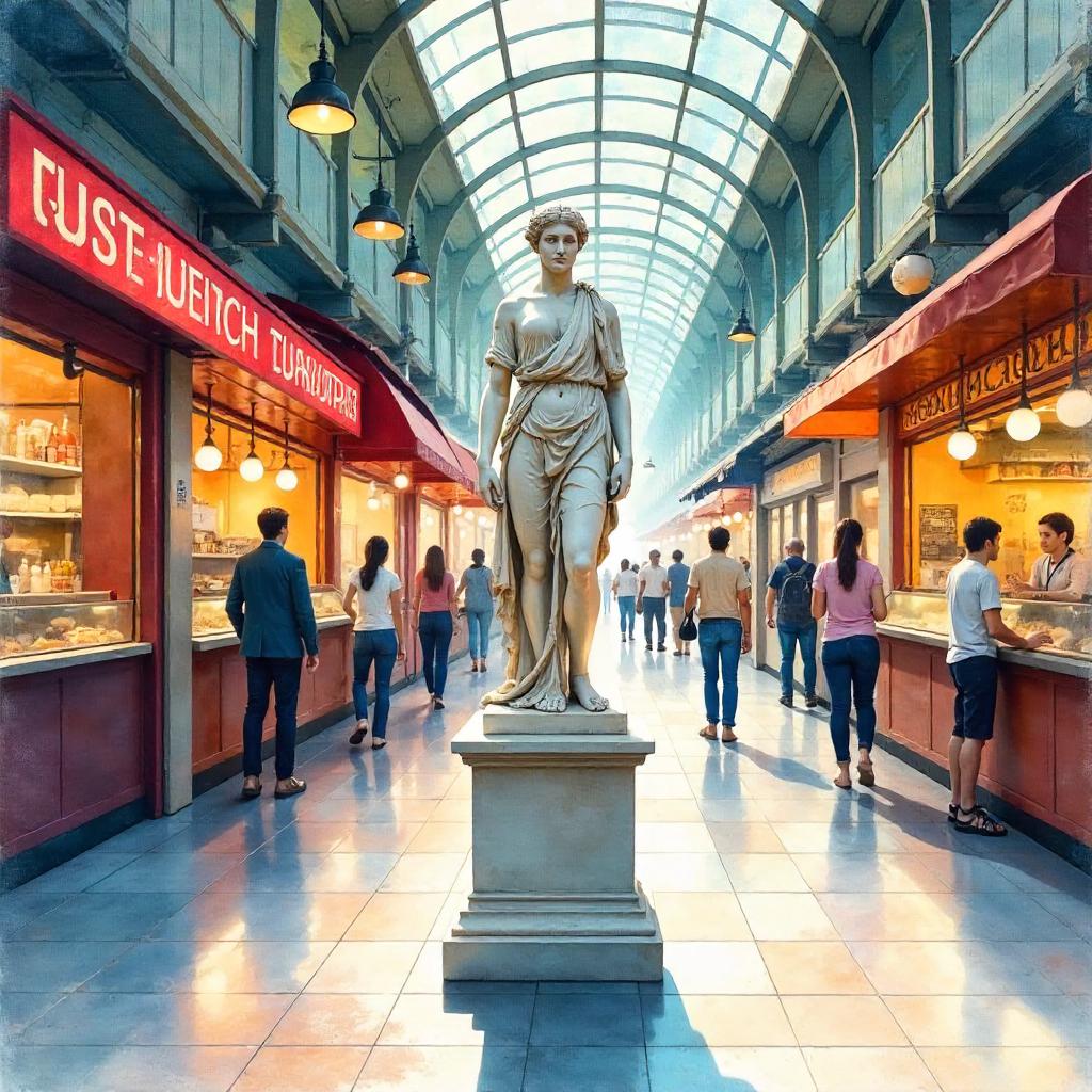 Watercolor Statue in a Bustling Food Court