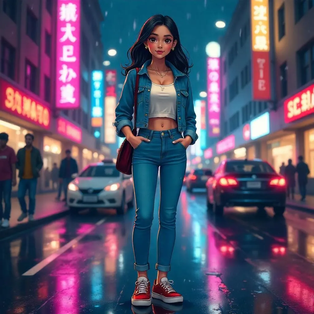 Anime-Style Indian Woman on a Neon City Street at Night