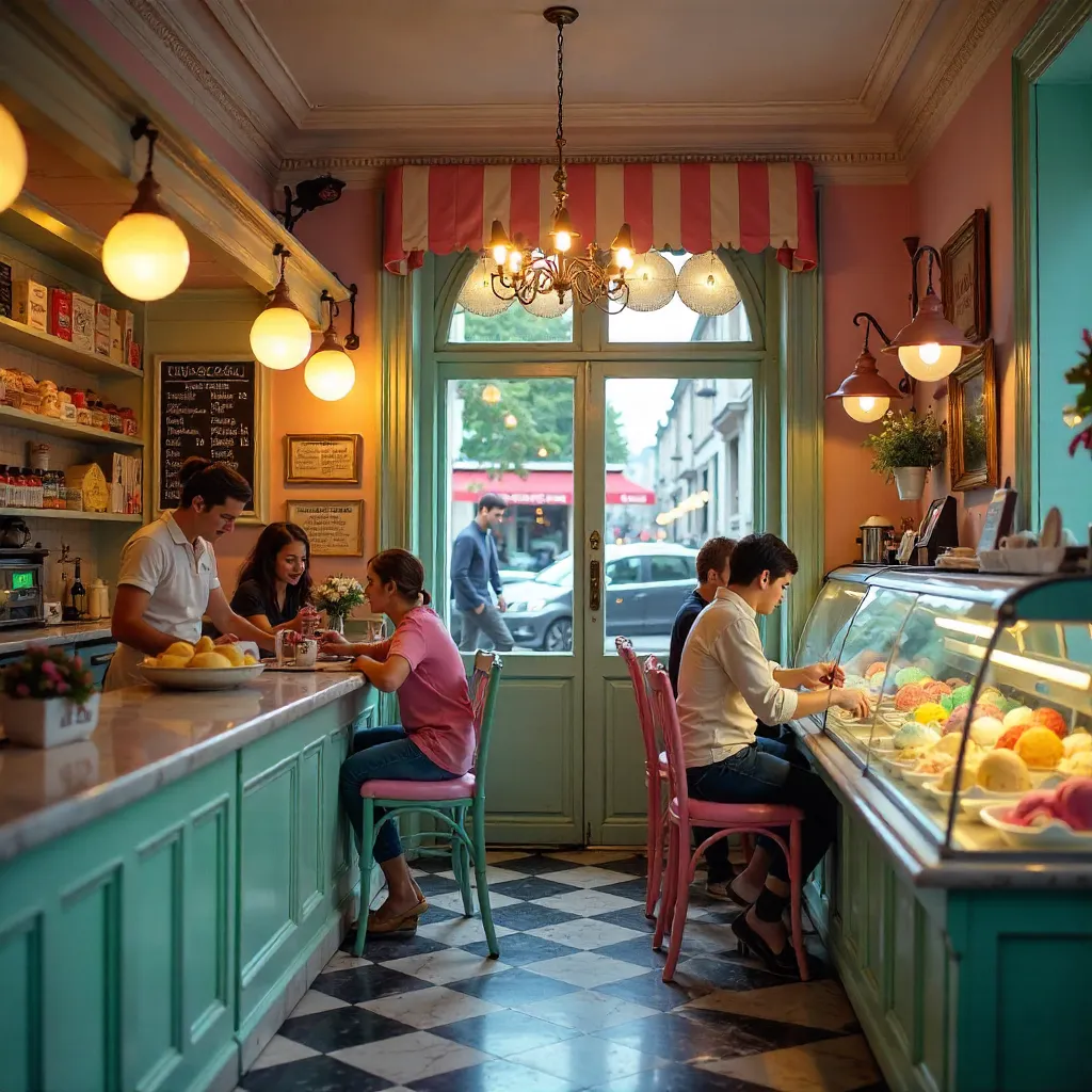 Charm of a Parisian Ice Cream Parlor at Dusk