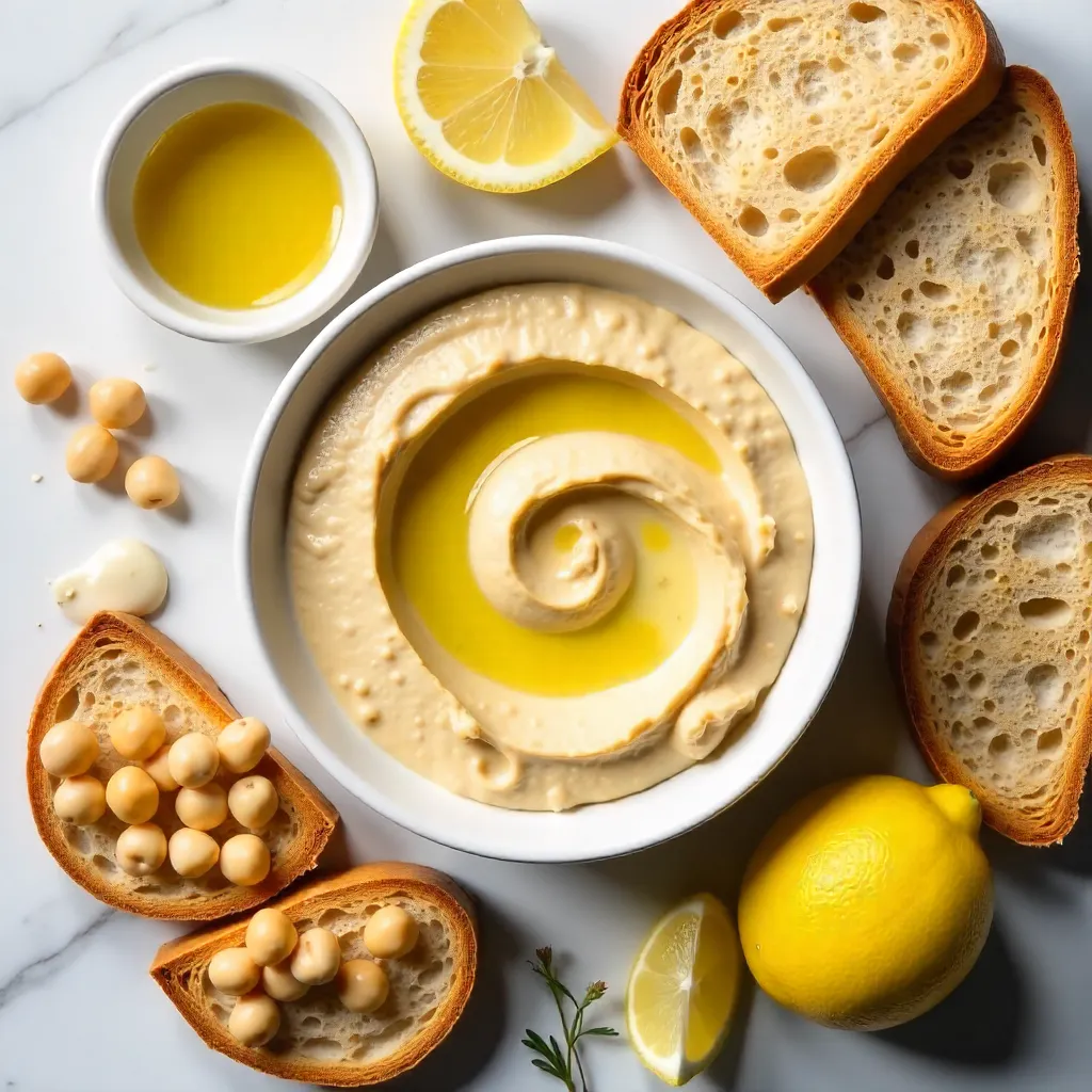 Flat lay hummus with chickpeas, lemon, and bread