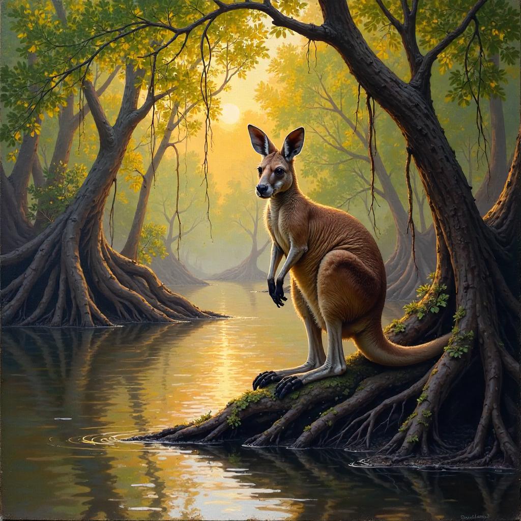 Kangaroo in a Mangrove Swamp — Oil Painting