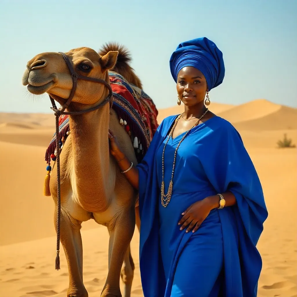 Blue-Clad Nigerian Woman and Camel in Desert