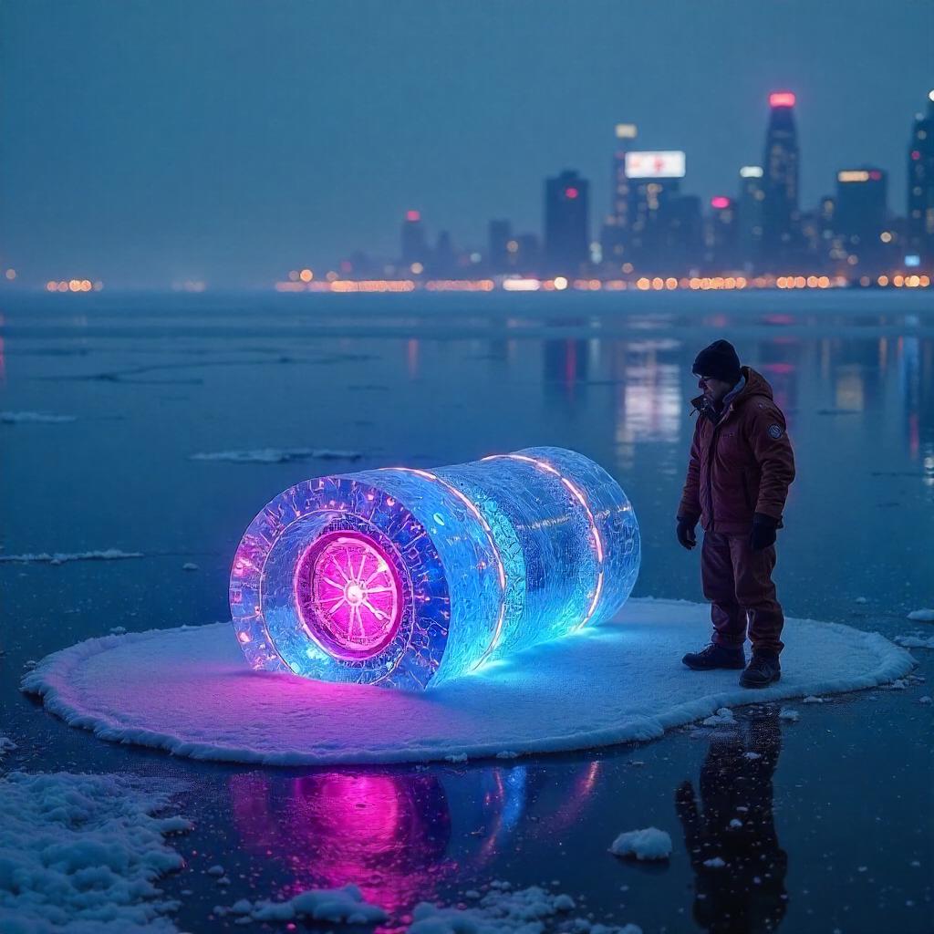 Neon Artifact Embedded in Ice on a Frozen Lake