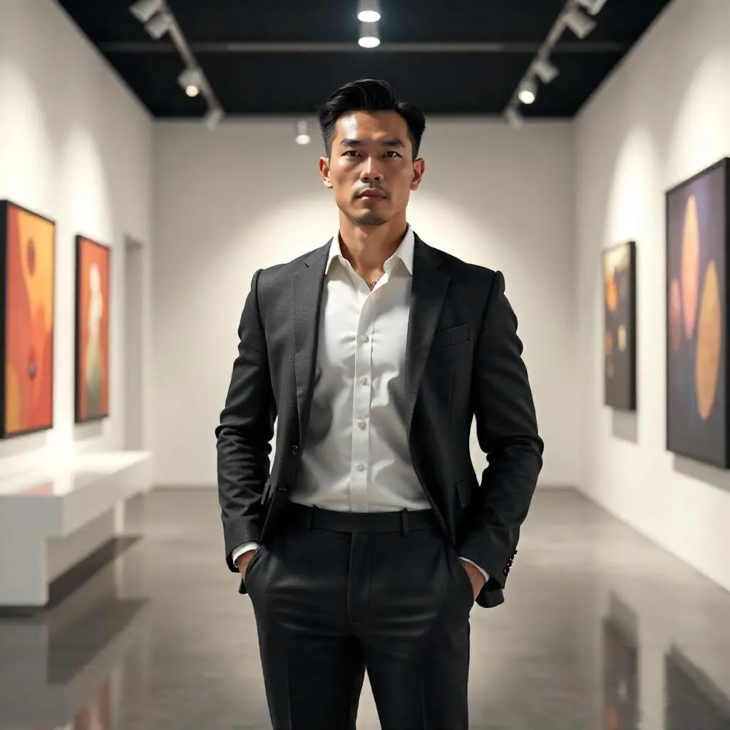 Strong Asian Man in a Modern Art Gallery – 3D Render
