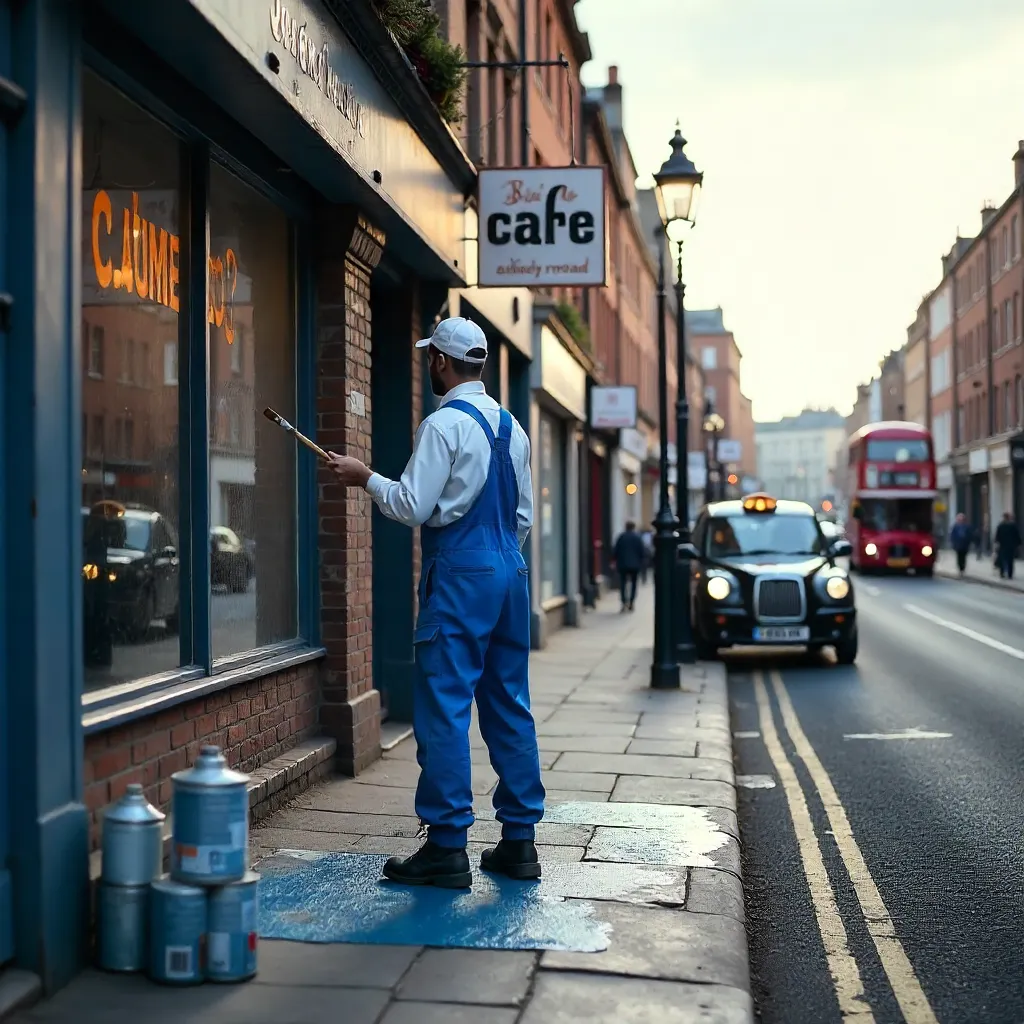 Blue Overalls Painter at Abbey Road Cafe Sign