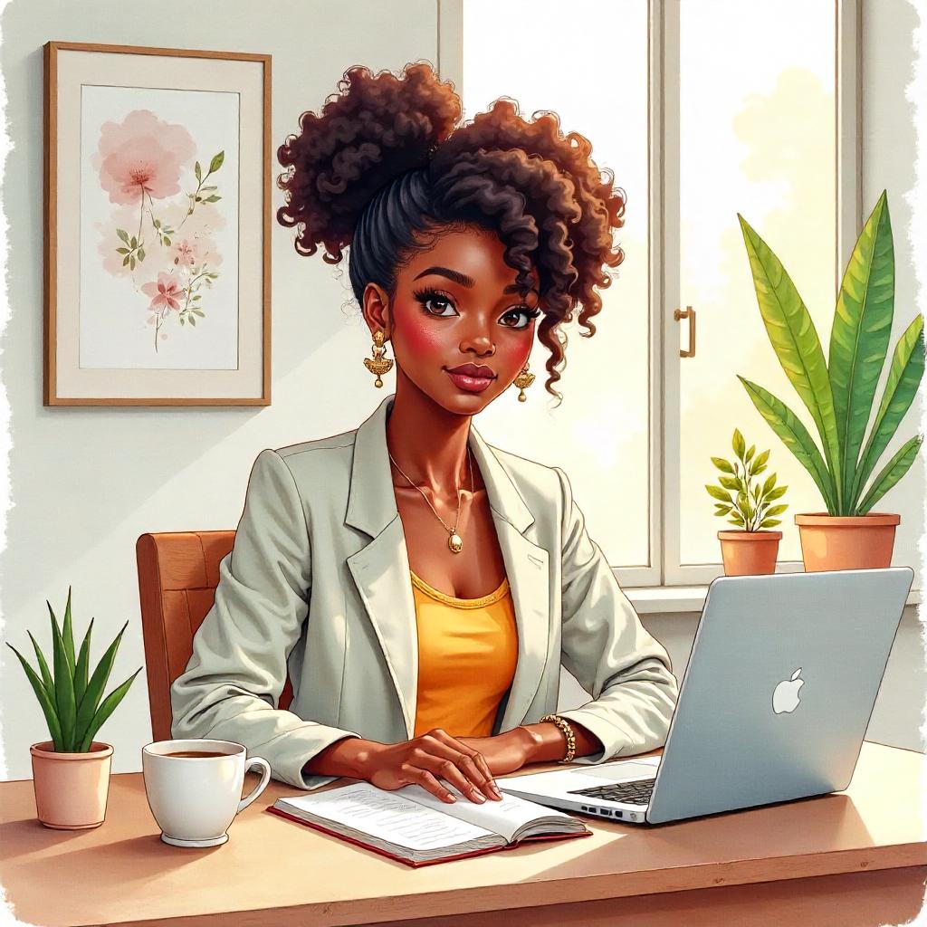 Watercolor Workspace Portrait: Stylish Black Girl