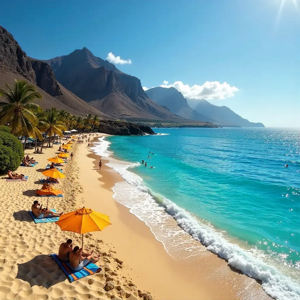Canary Islands Beach: Sunlit Waves and Mountain Backdrop