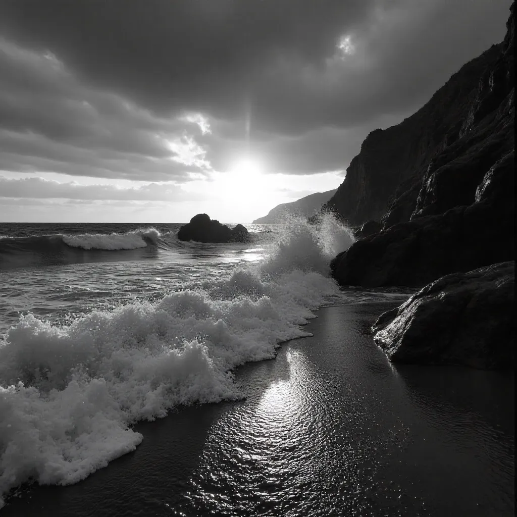 Dramatic Sunset Waves in Black and White