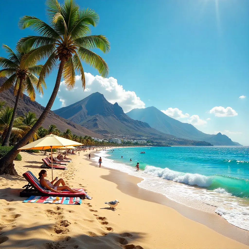 Vibrant Canary Islands Beach: Sunbathers and Mountains