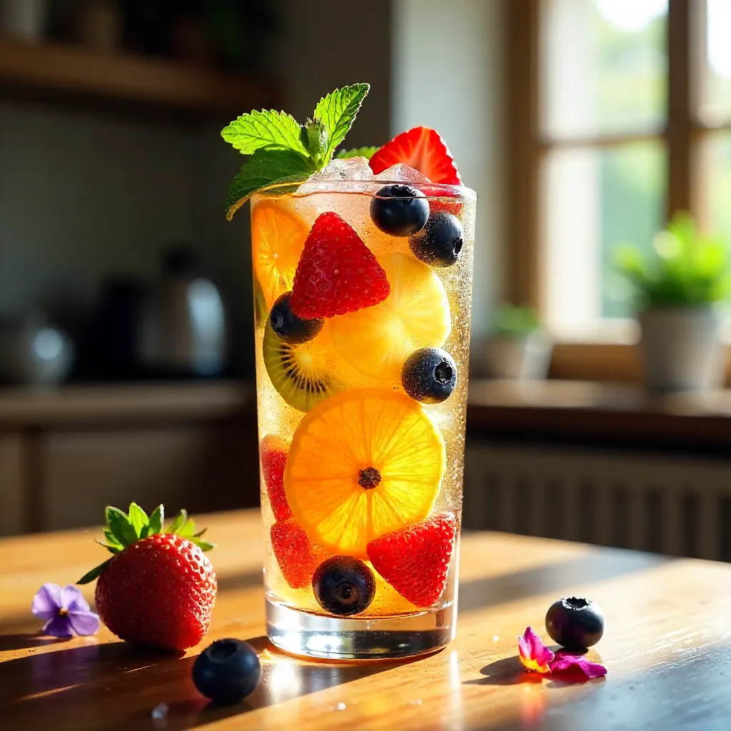 Vibrant Indoor Fruit Cocktail Garnished with Mint