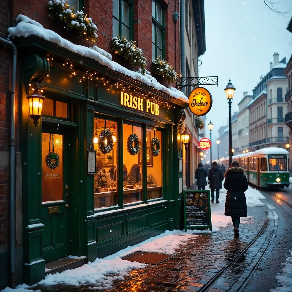 Wintry Exterior of an Irish Pub in Gothenburg