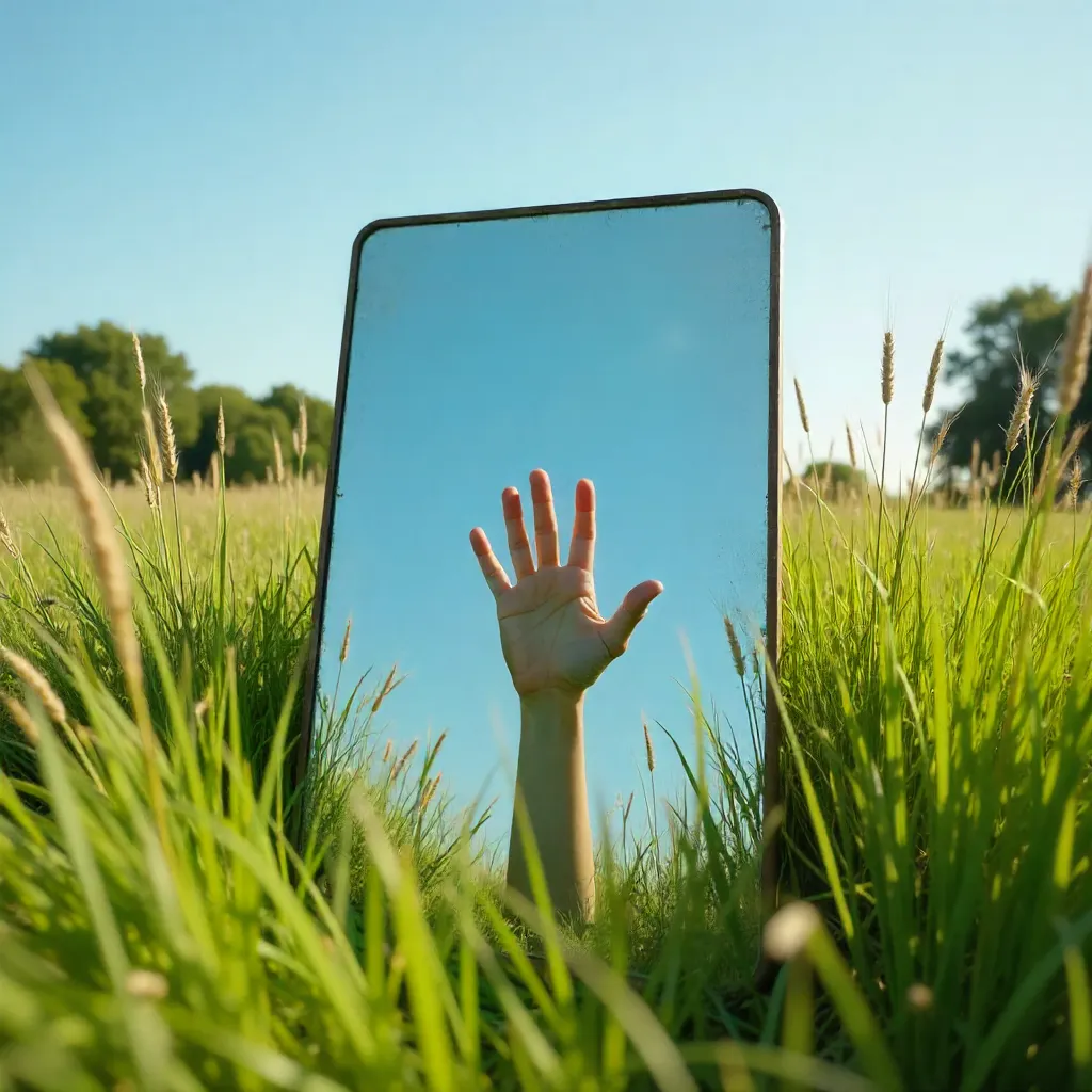 Hand Reaches Through Mirror in Tall Grass
