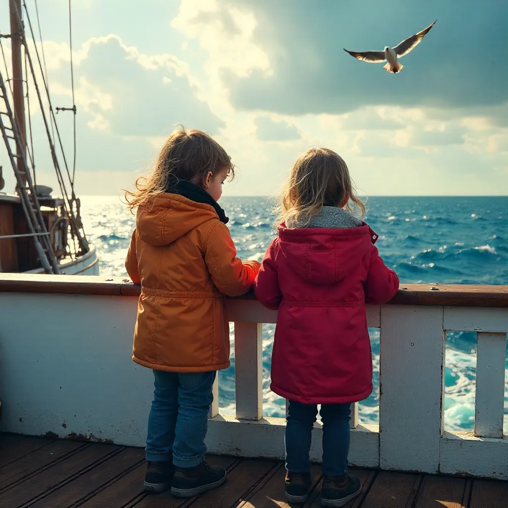 Two Children on a Boat Deck Peering at the Ocean