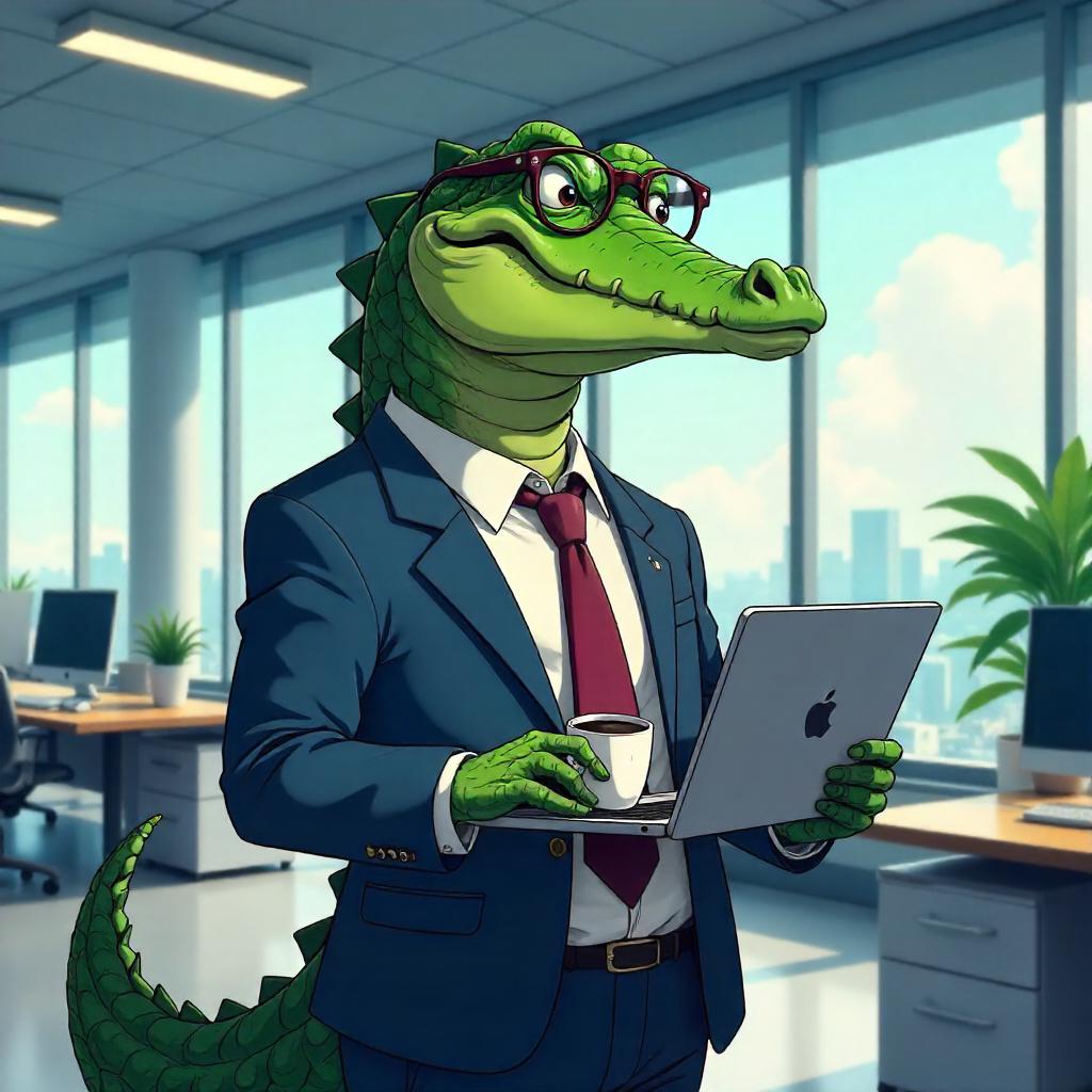 Anime Crocodile Office Worker in Glass Cubicle