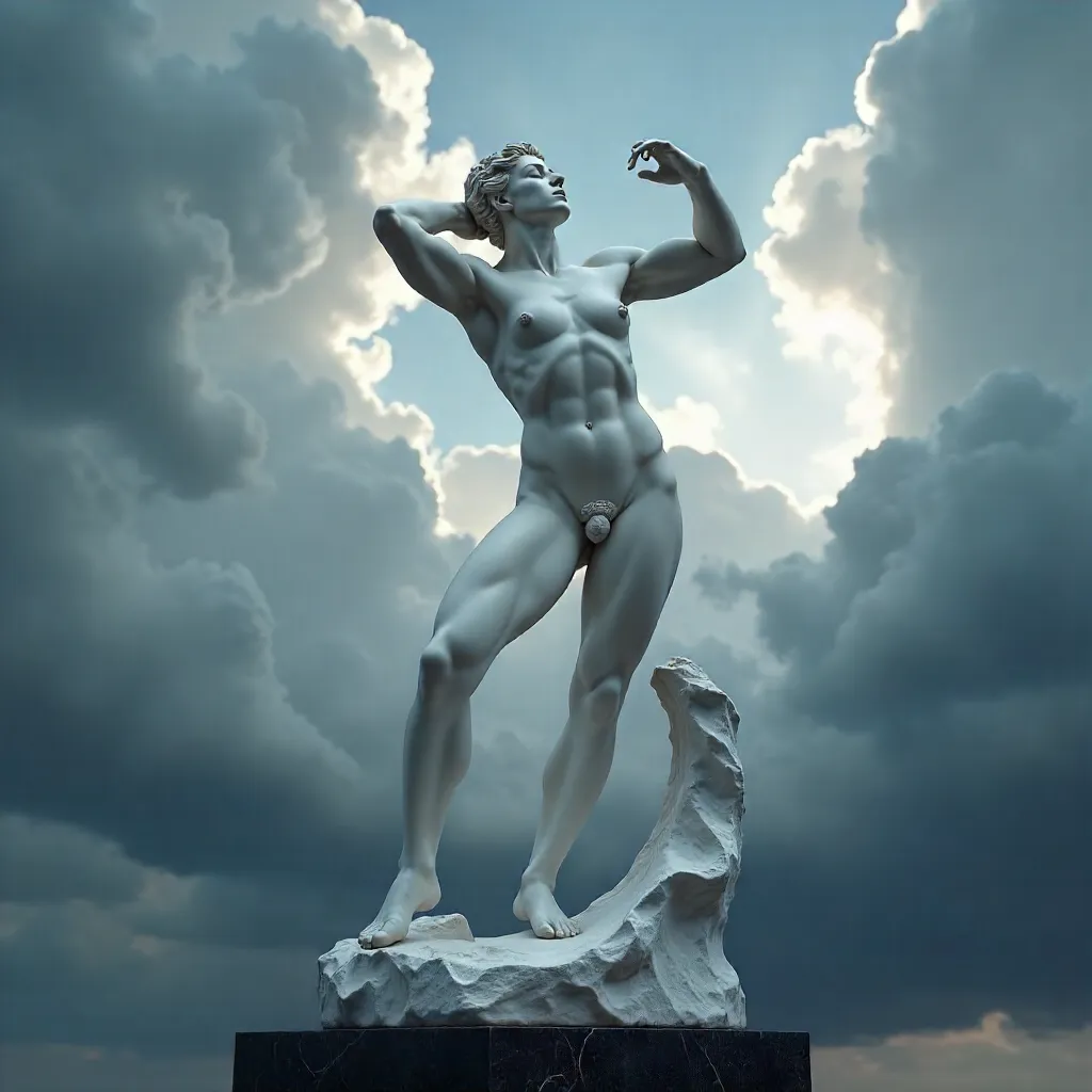 Dynamic White Marble Sculpture Under Dramatic Clouds