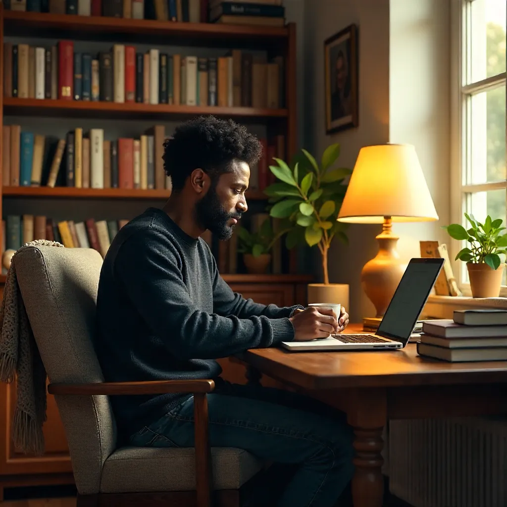 Cozy Home Study: Laptop, Books, and Warm Light
