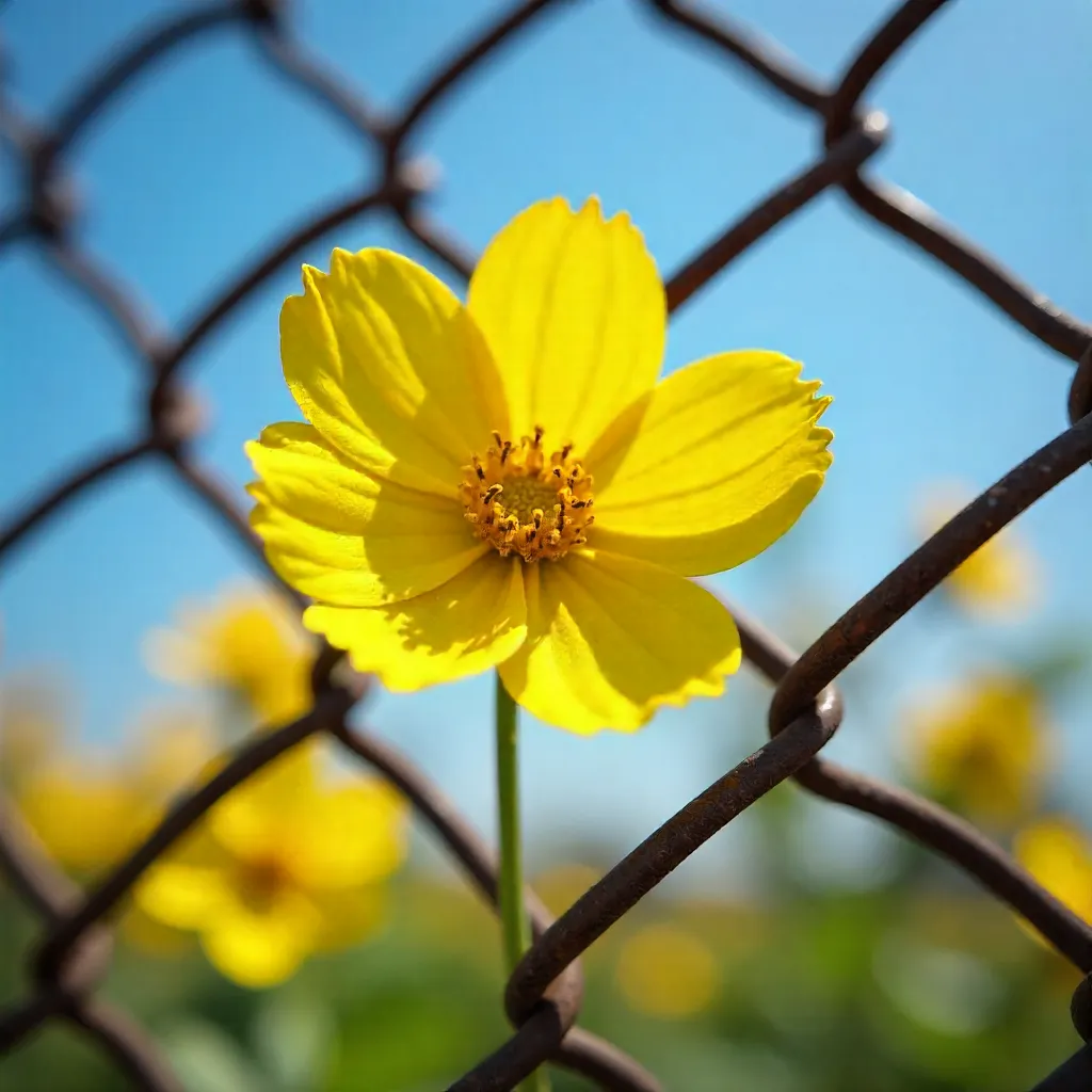 Bright Yellow Bloom on Chain-Link Fence Under Blue Sky