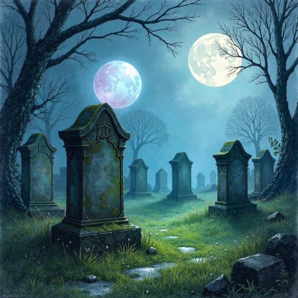 Spirit Orb in a Moonlit Watercolor Graveyard