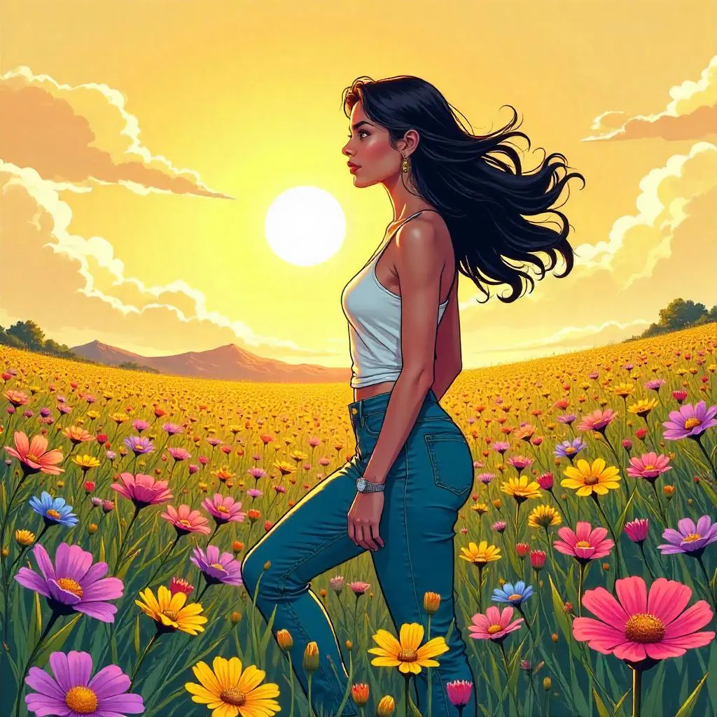 Sunlit Halftone Heroine in a Field of Flowers