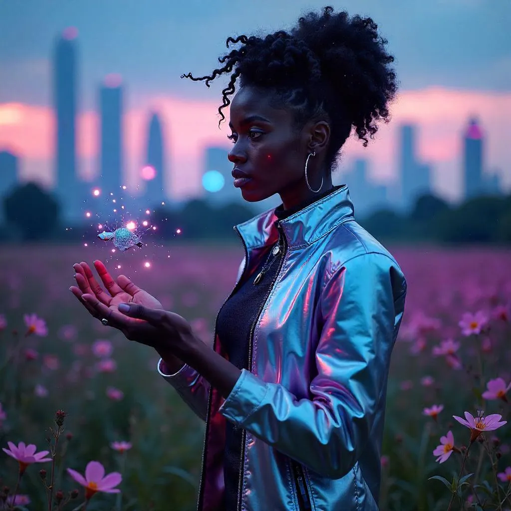 Afro-Futurist Cyberpunk Portrait in a Neon Meadow