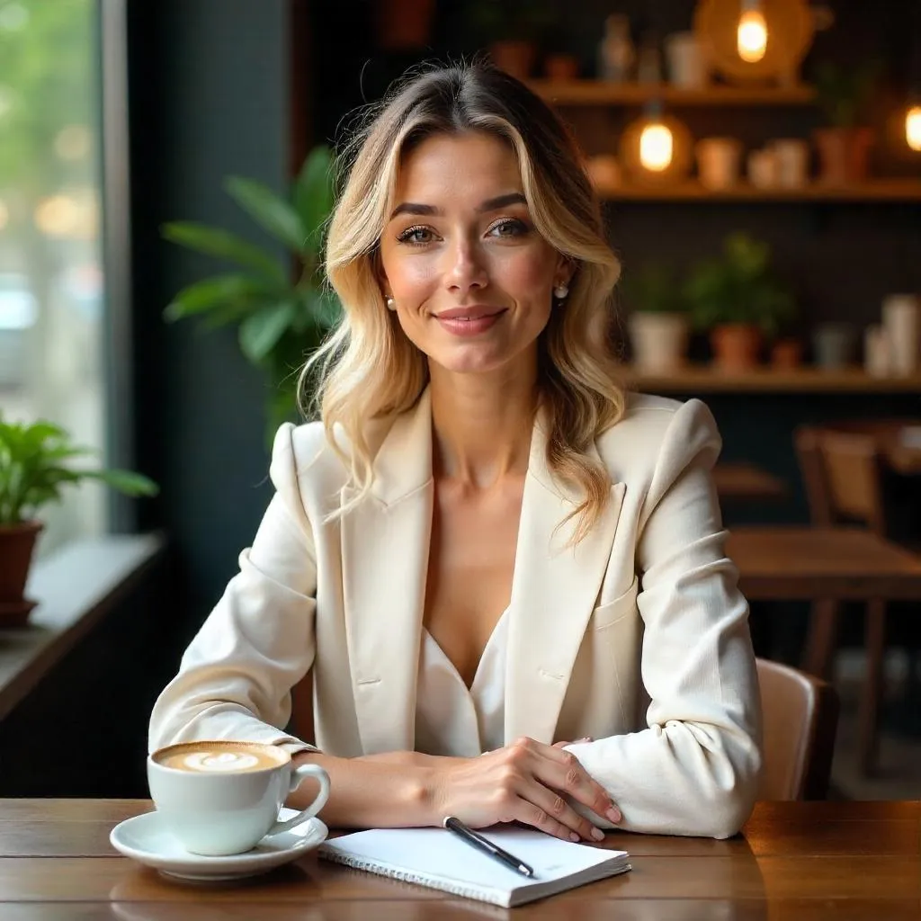 Elegant Photorealistic Café Portrait of a White Woman