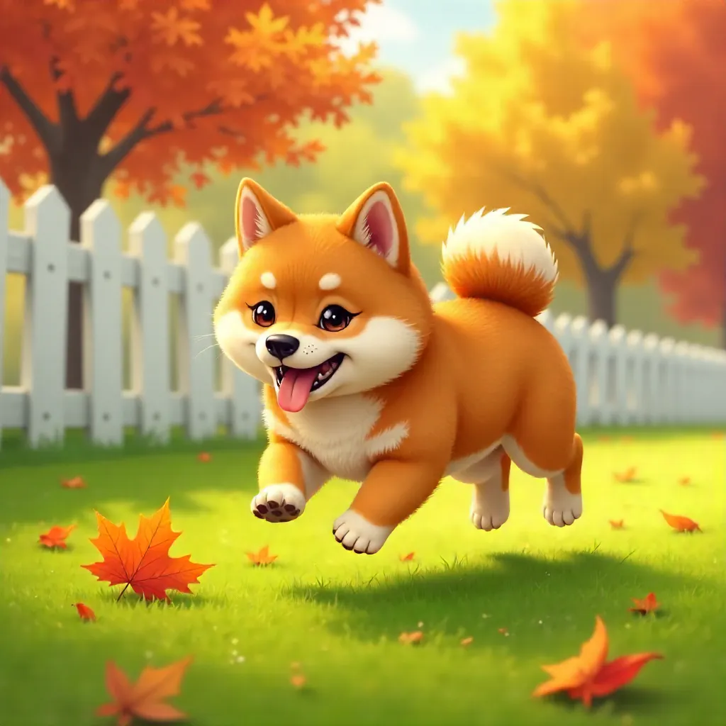 Autumn Shiba Inu Playing on Grassy Lawn by White Picket Fence