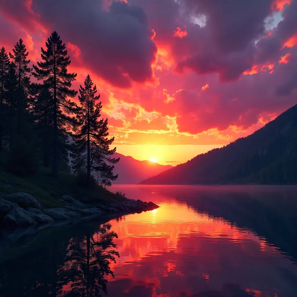 Pine Silhouettes at a Fiery Sunset