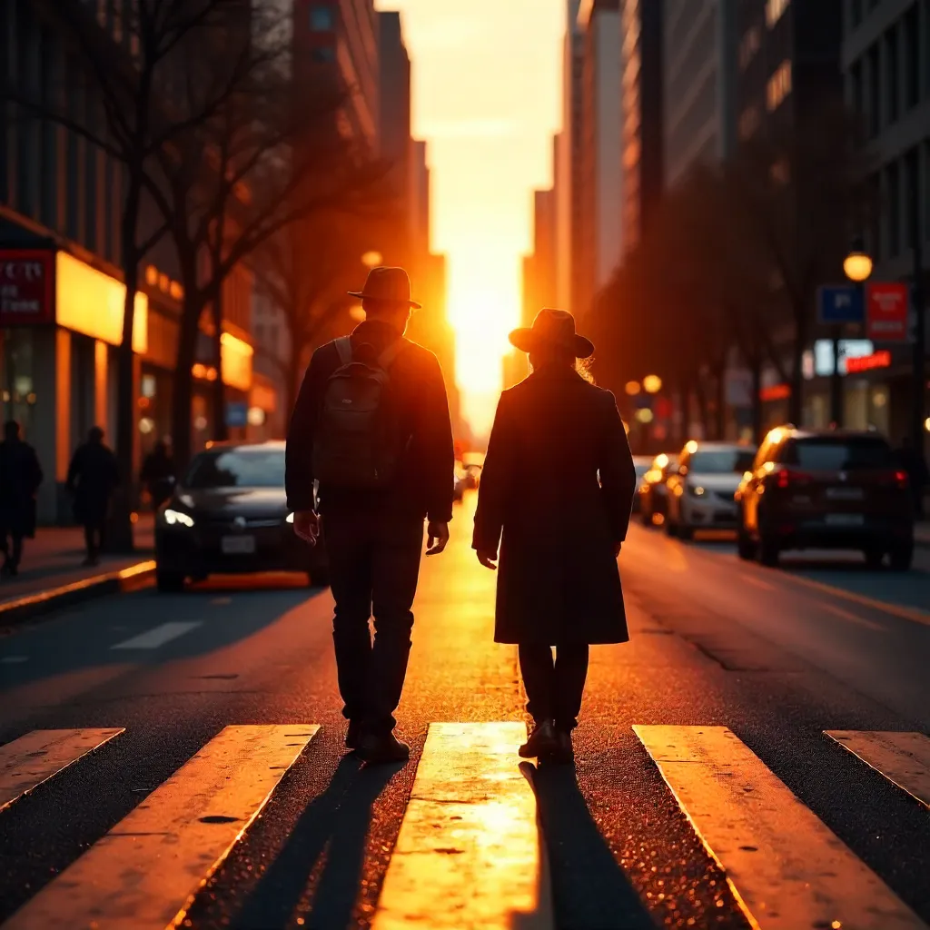 Two Pedestrians Crossing at Sunset: Long Shadows