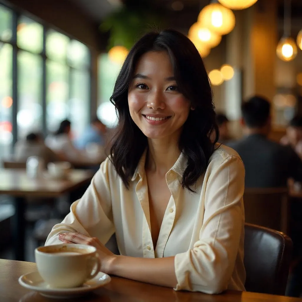 Photorealistic portrait of a young Asian woman in a restaurant