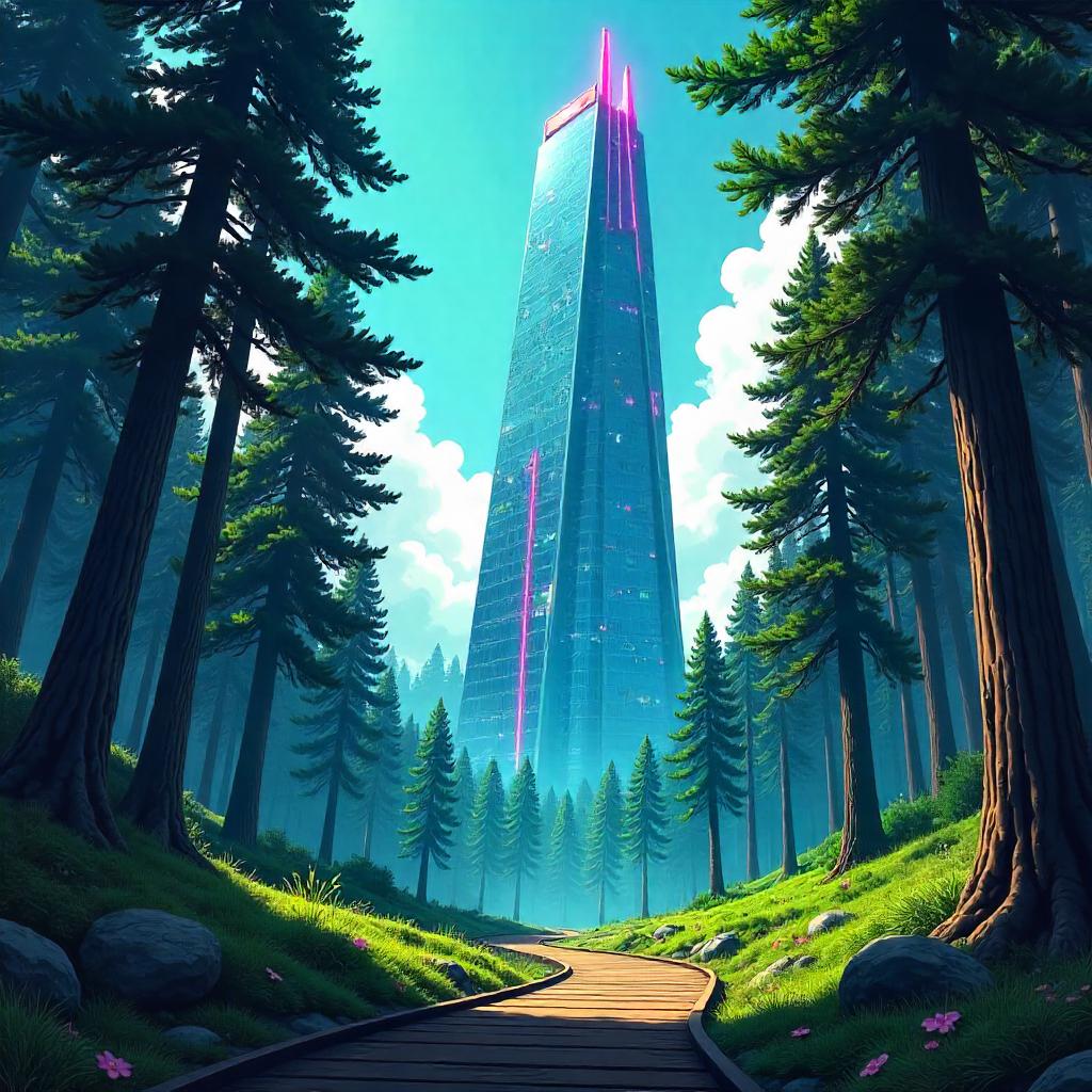 Anime Skyscraper Rising Through Pine Forests