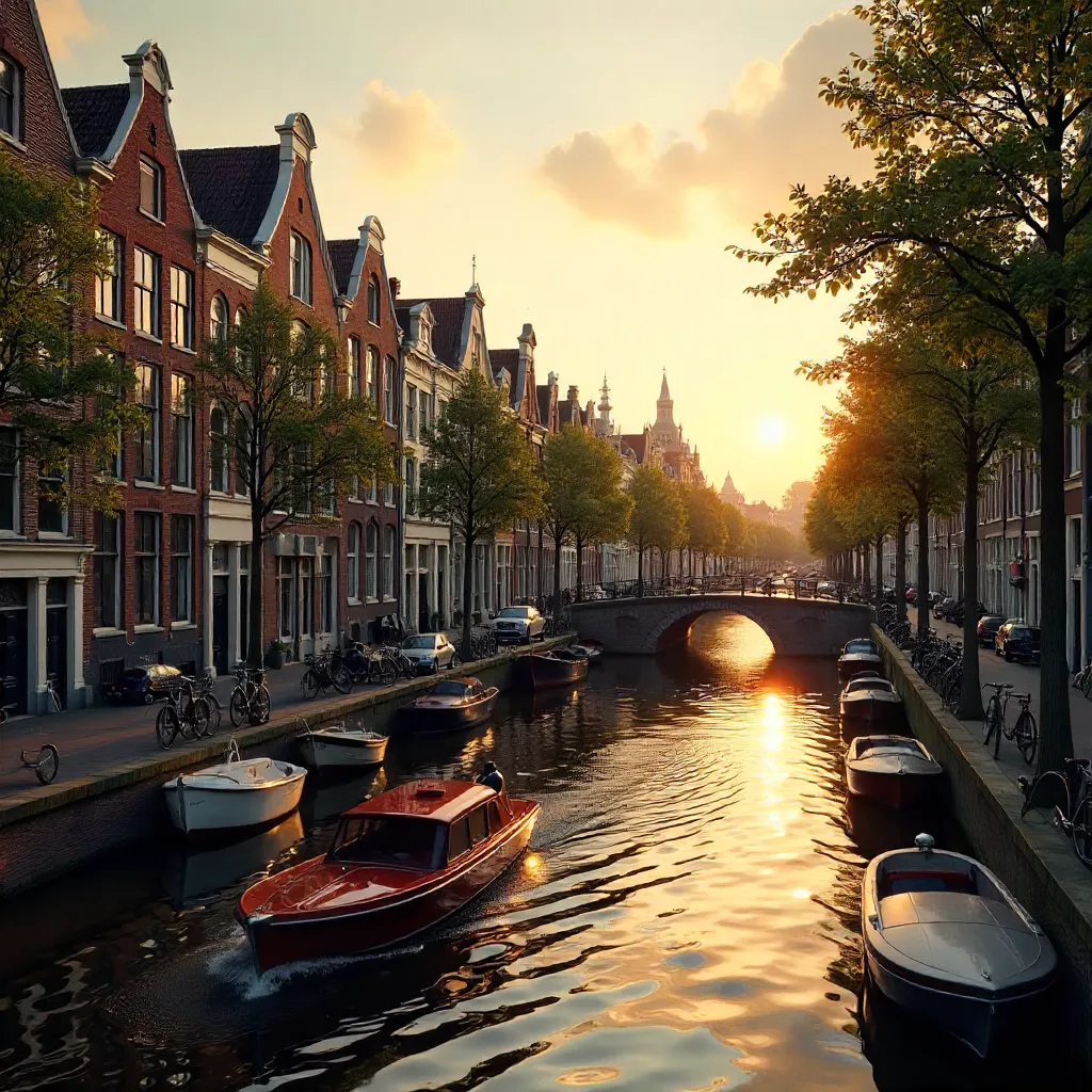Charming Amsterdam Canal Houses with a Tranquil Boat