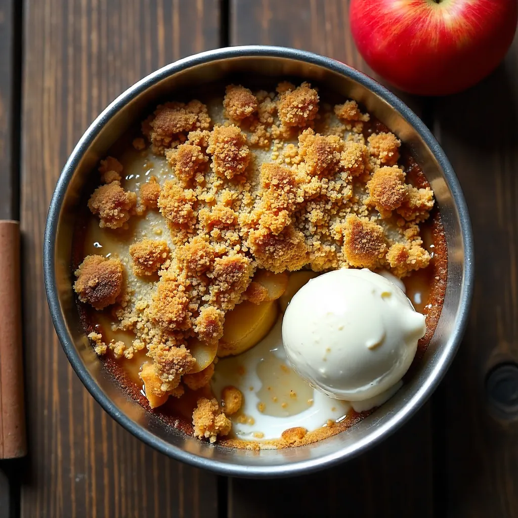 Top-Down Apple Crumble in Metal Dish with Vanilla Ice Cream