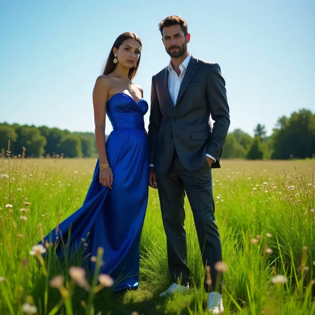 Fashion Duo in a Lush Meadow Under a Clear Sky
