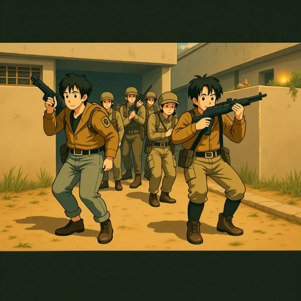 Tom Dunne, Will Poulter, Noah Centineo, Kit Connor, Alex Brockdorff, and Michael Gandolfini in Warfare (2025) - Ghibli style