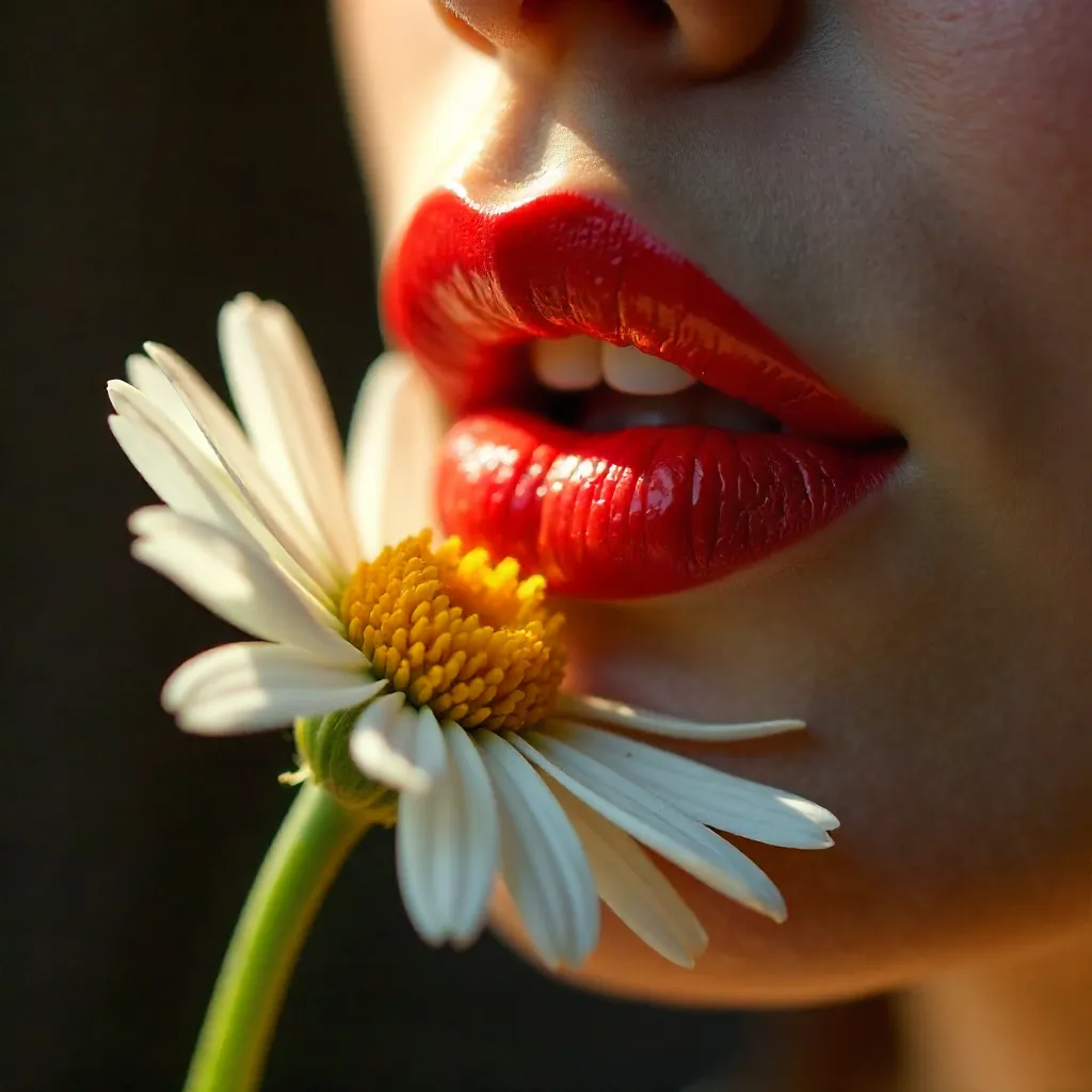 Close-Up: Red Lips Holding a White Daisy