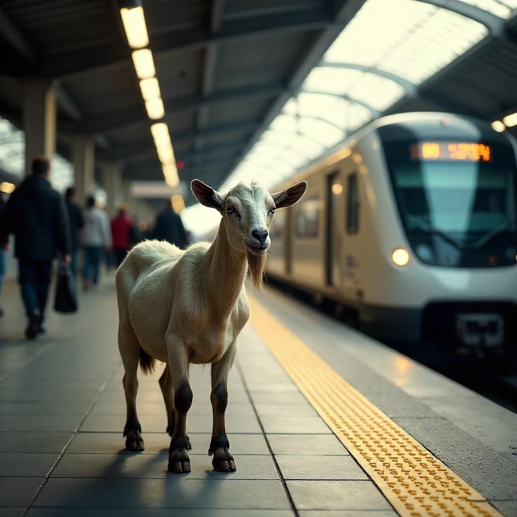 Photorealistic Goat at a Busy Train Station