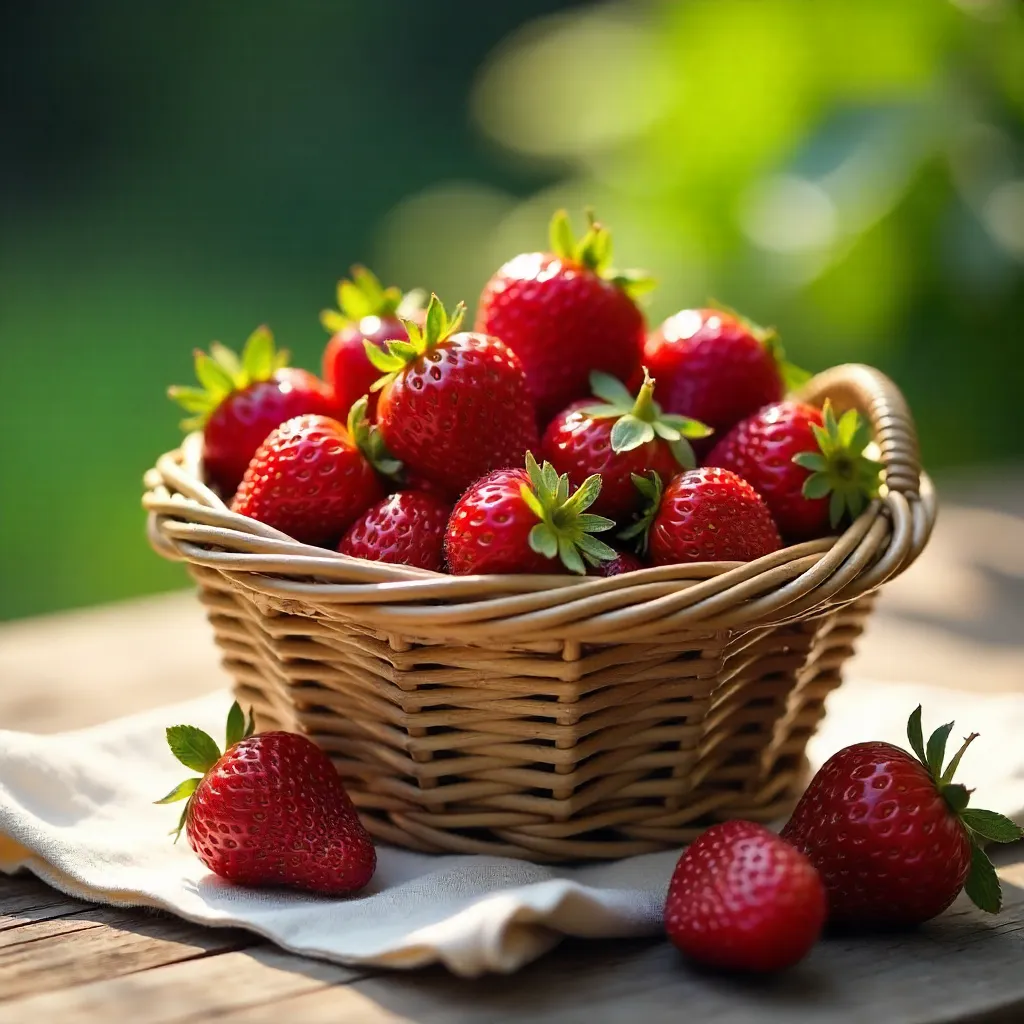 Basket of Fresh Summer Strawberries on Cloth