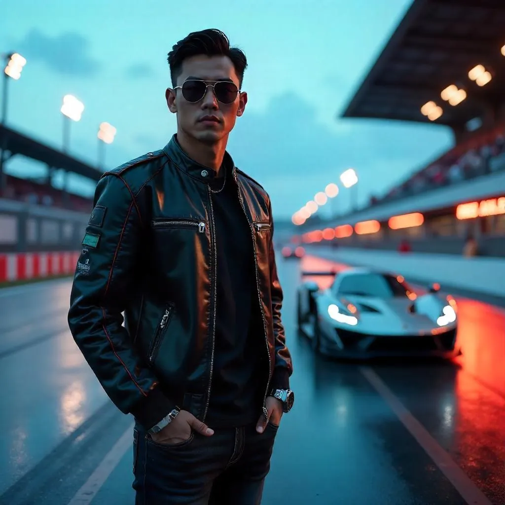 3D Render: Stylish Asian Man at the Racing Track