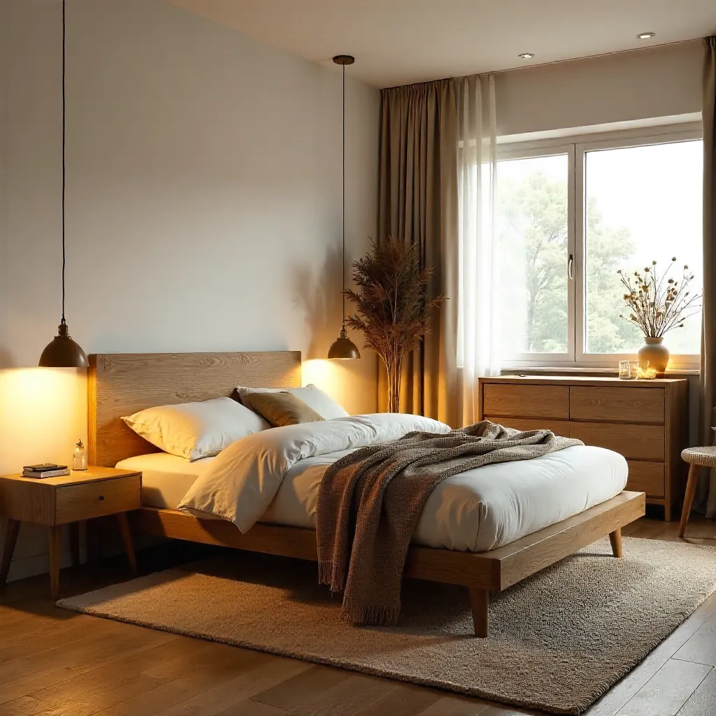 Cozy Wooden Bedroom with Warm Ambient Lighting