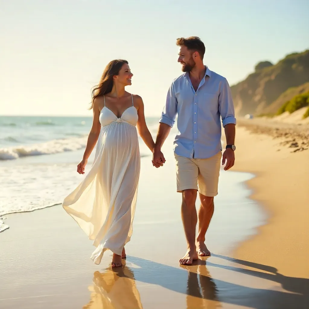 Sunlit Beach Walk: Pregnant Couple Holding Hands